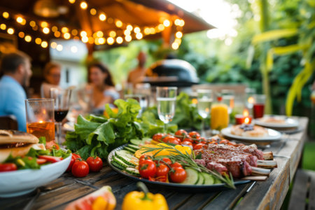 Outdoors Dinner Table with Gorgeous-Looking Barbecue Meat, Fresh Vegetables and Salads. Blurred Joyful People Celebrating in the Background. AI generativeの素材