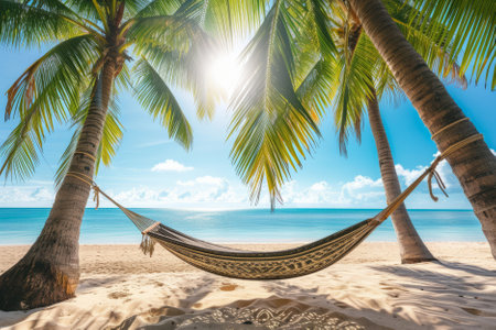 A hammock is stretched between palm trees against the backdrop of a beautiful golden sunny beach and blue ocean. AI generativeの素材