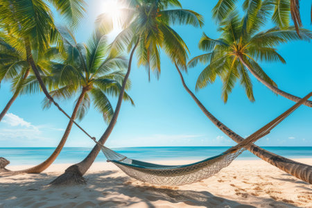 A hammock is stretched between palm trees against the backdrop of a beautiful golden sunny beach and blue ocean. AI generativeの素材
