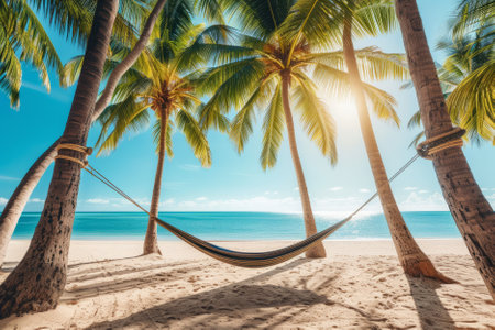 A hammock is stretched between palm trees against the backdrop of a beautiful golden sunny beach and blue ocean. AI generativeの素材