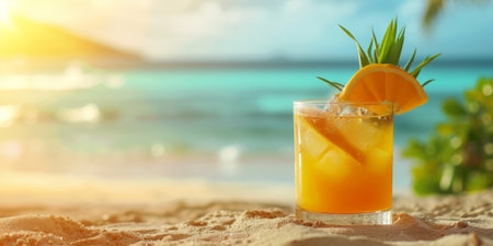Exotic summer cocktail on the sand against the backdrop of a sunny beach with space for text. AI generativeの素材