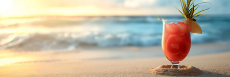 Exotic summer cocktail on the sand against the backdrop of a sunny beach with space for text. AI generativeの素材