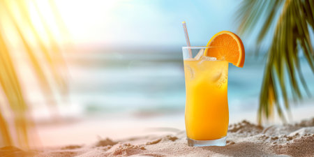 Exotic summer cocktail on the sand against the backdrop of a sunny beach with space for text. AI generativeの素材