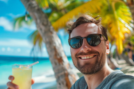 Portrait of a happy man in sunglasses with a cocktail against the backdrop of a beautiful golden sunny beach with palm trees and the blue ocean. AI generativeの素材