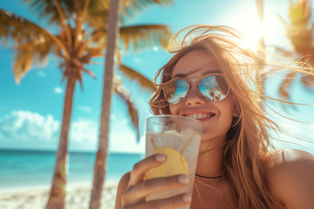 Portrait of a happy girl in sunglasses with a cocktail against the backdrop of a beautiful golden sunny beach with palm trees and the blue ocean. AI generativeの素材