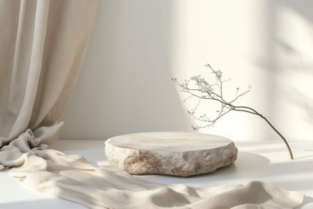 Stone Podium for promotion on white Background. Natural pedestal with tree branch. Beauty product mockup. Scene to show products. AI generativeの素材