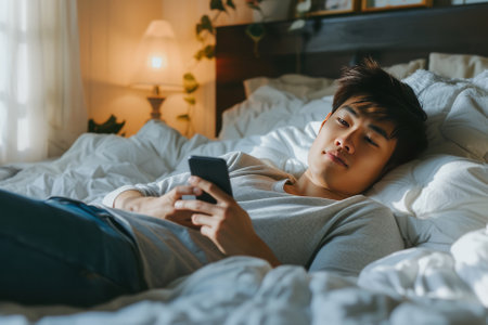 Young Asian man lay on her bed looking at her phone. AI generativeの素材