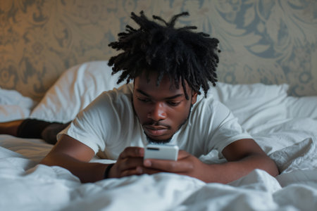 Young black man lay on her bed looking at her phone. AI generativeの素材