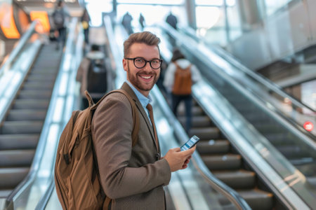 Smiling young caucasian businessman wearing suit standing on urban escalator using applications on her smartphone. AI generativeの素材