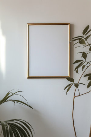 Empty golden frame on a white wall. AI generativeの素材