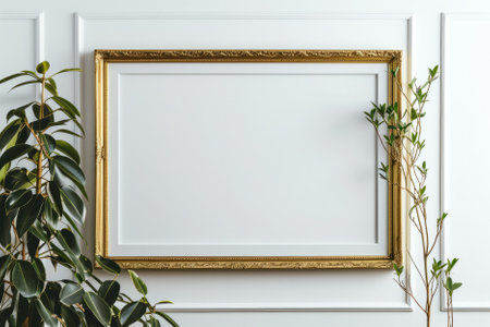 Empty golden frame on a white wall. AI generativeの素材