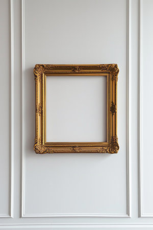 Empty golden frame on a white wall. AI generativeの素材