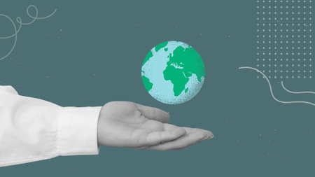 A hand with a planet Earth in a modern collage styleの写真素材