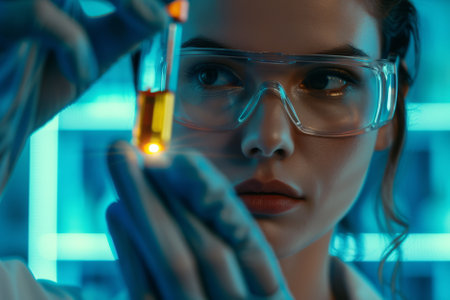 Close up female scientist looking at ampoule with new medication. AI generativeの素材