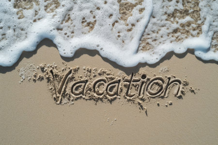 Text "Vacation" drawing on the sand near ocean waves with foam, top view. Beautiful seaside. AI generativeの素材