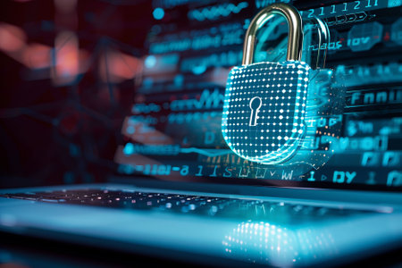 Digital security concept - padlock on a laptop screen. AI generativeの素材