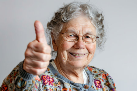 Elderly happy woman showing thumbs up, studio photo. Smiling pensioner on a bright background. AI generativeの素材