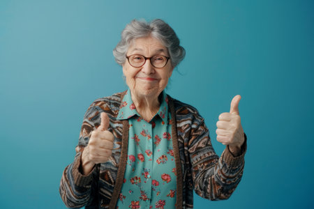 Elderly happy woman showing thumbs up, studio photo. Smiling pensioner on a bright background. AI generativeの素材