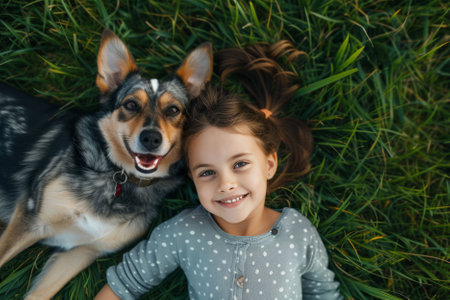 Happy kid girl and dog lying on the fresh green grass, top view. AI generativeの素材