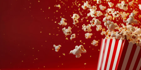 Flying popcorn in a striped red and white package on a red background with space for text. AI generativeの素材