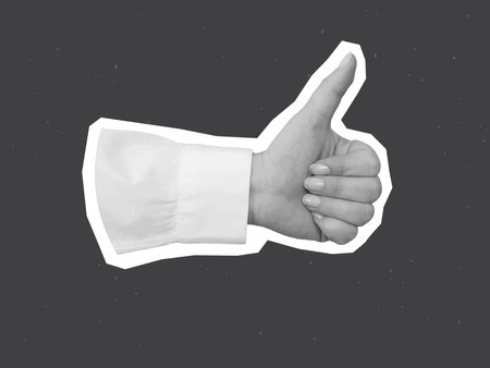 Black and white hand in a white shirt shows a thumbs up gesture - element for collage. Vector illustrationのイラスト素材