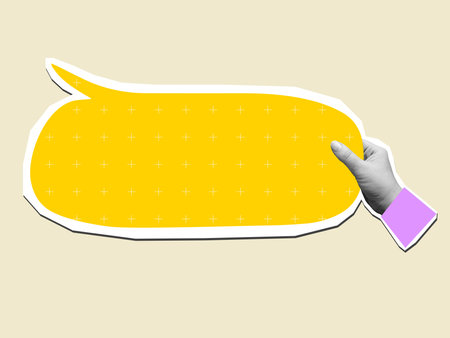 Black and white hand holds a color speech bubble with a copy space - element for collage. Vector illustrationのイラスト素材