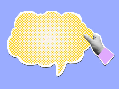 Black and white hand holds a color speech bubble with a copy space - element for collage. Vector...