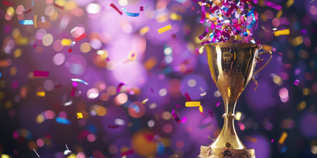 Golden championship cup and confetti around it with copy space on a purple background. AI generativeの素材