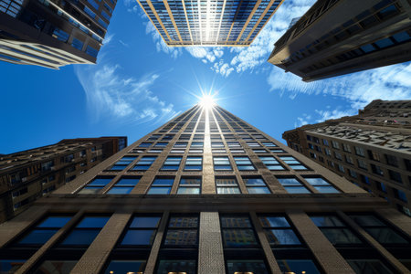 Skyscraper tower bottom up view, blue sunny sky. AI generativeの素材
