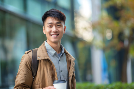 Handsome asian man going to work with paper coffee cup walking near office building. AI generativeの素材