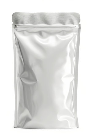 White blank foil food doy pack, pouch bag, packaging with zipper, white background. AI generatedの素材
