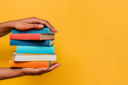 Hands holding a stack of books on a bright plain background with space for text. AI generativeの素材