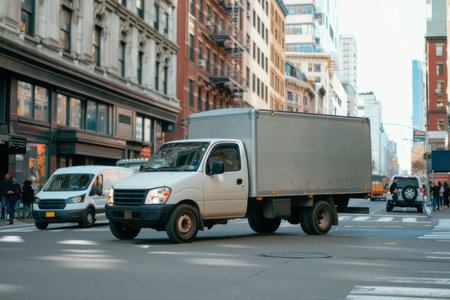 Mockup of a small truck with white van on a city street, side view. AI generativeの素材