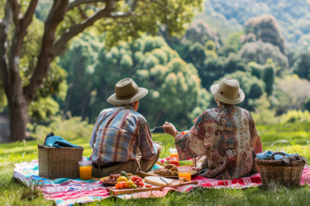 Retirees enjoying a picnic in a green park, with blankets spread out on the grass and food laid out. AI generativeの素材