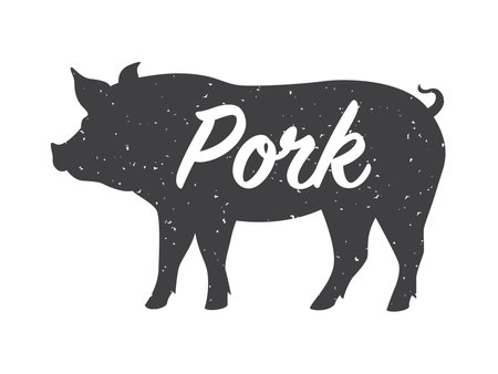 Silhouette of a pig with a text Pork, side view. Vector illustration isolated on white backgroundのイラスト素材