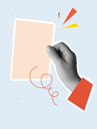 Hand holding a blank paper sheet with a place for text. Vector illustration in a modern collage styleのイラスト素材
