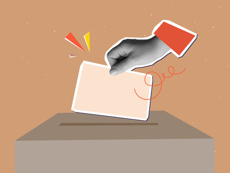 Hand putting a form in a ballot box. Vector illustration in a modern collage styleのイラスト素材