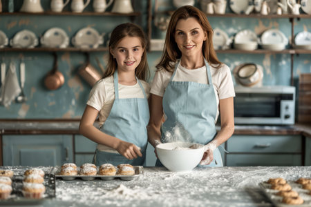 A mother and daughter mixing ingredients in a bowl during baking cookies. AI generativeの素材
