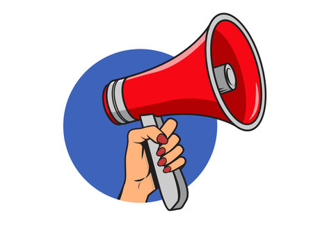 Hand holding a loudspeaker in a round frame. Vector illustration isolated on white backgroundのイラスト素材