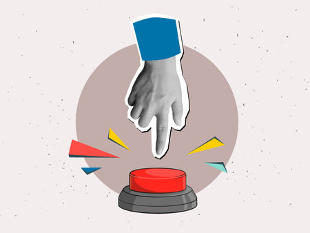 Hand presses the red button. Vector illustration in a modern collage styleのイラスト素材