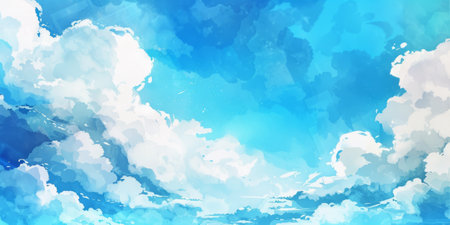 Beautiful blue sky with a white clouds in a sunny day. Watercolor illustration. AI generatedの素材