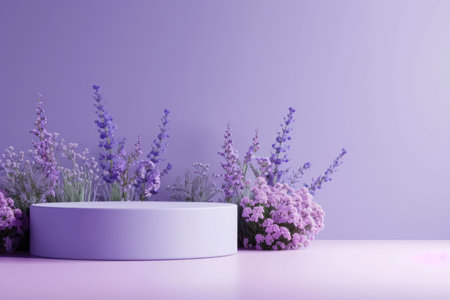 Empty podium for promotion on purple background. Beauty product mockup. AI generatedの素材