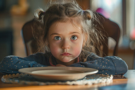 A little girl with a pouting face sitting at the dining table, empty plate in front her. AI generatedの素材