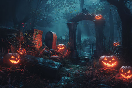 Halloween Scene - Glowing Pumpkins in Spooky Forest With Tombs at Night. AI generativeの素材