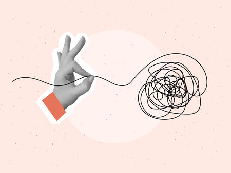 A hand pulls a thread from a tangled ball. Concept of problem solving and eliminating uncertainty. Vector illustration in a modern collage styleのイラスト素材