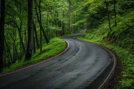 Beautiful empty asphalt road in a green forest. AI generativeの素材