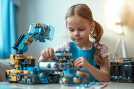 A little girl constructs a robot while sitting at a table in a her room. AI generativeの素材