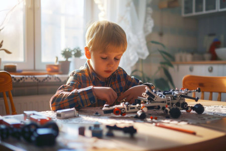 A little boy constructs a robot while sitting at a table in a his room. AI generativeの素材