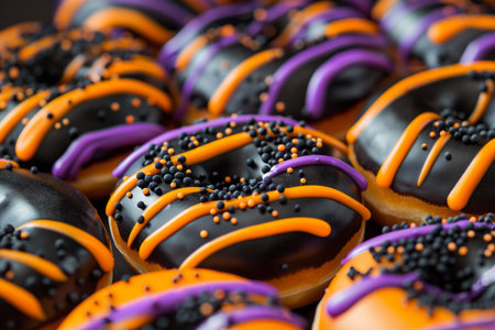 Halloween donuts close-up - orange, black, purple color glaze. AI generativeの素材