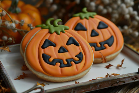 Halloween dessert - cookies in the shape of a cute pumpkins. AI generativeの素材